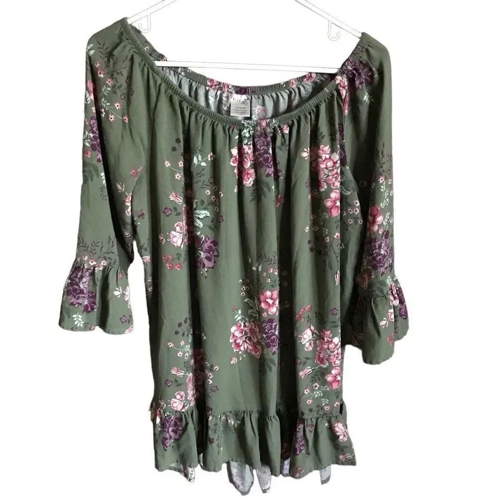 Terra & Sky Size 0X 14W green pink ruffle top blouse floral 3/4 sleeve
